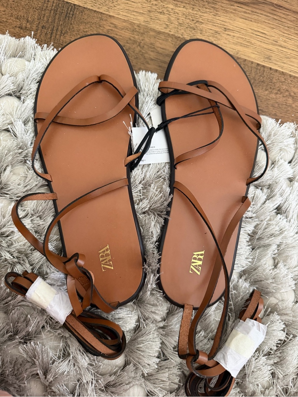 ZARA Tan Leather-Look Strap Tie Sandals